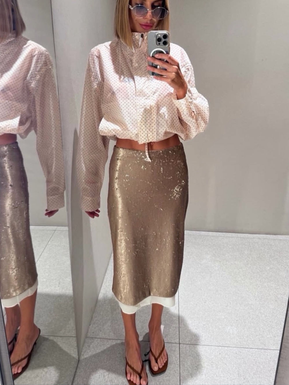 Zara NWT ZW COLLECTION beige light taupe muted Metallic Sequin Midi Skirt - Picture 2 of 9